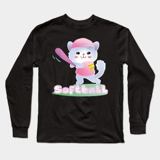 y2k aesthetic kawaii pastel I Love Softball cat Long Sleeve T-Shirt